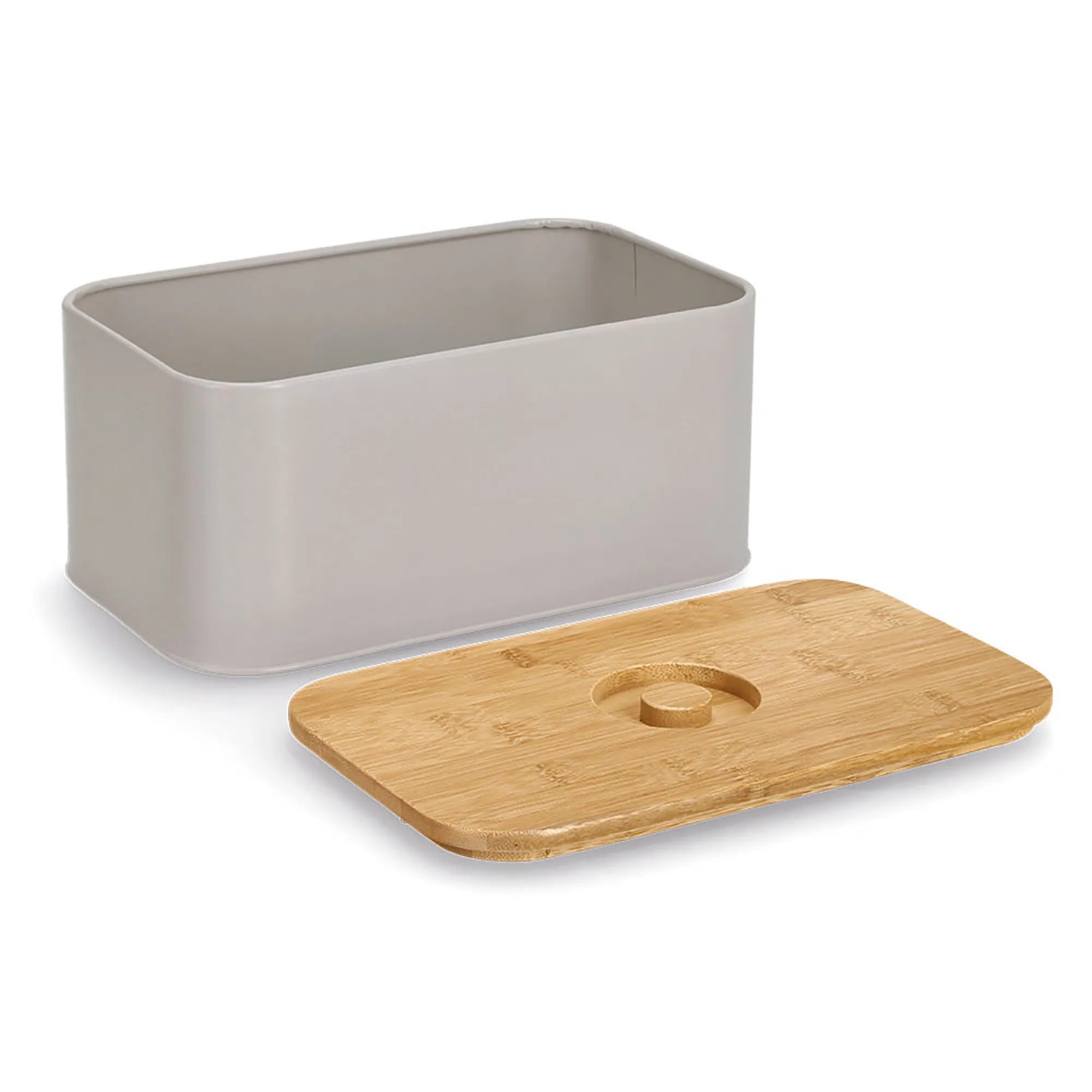 Beiger Zeller Brotkasten aus Metall mit Bambusdeckel, 30x18x14 cm, für die Küche.