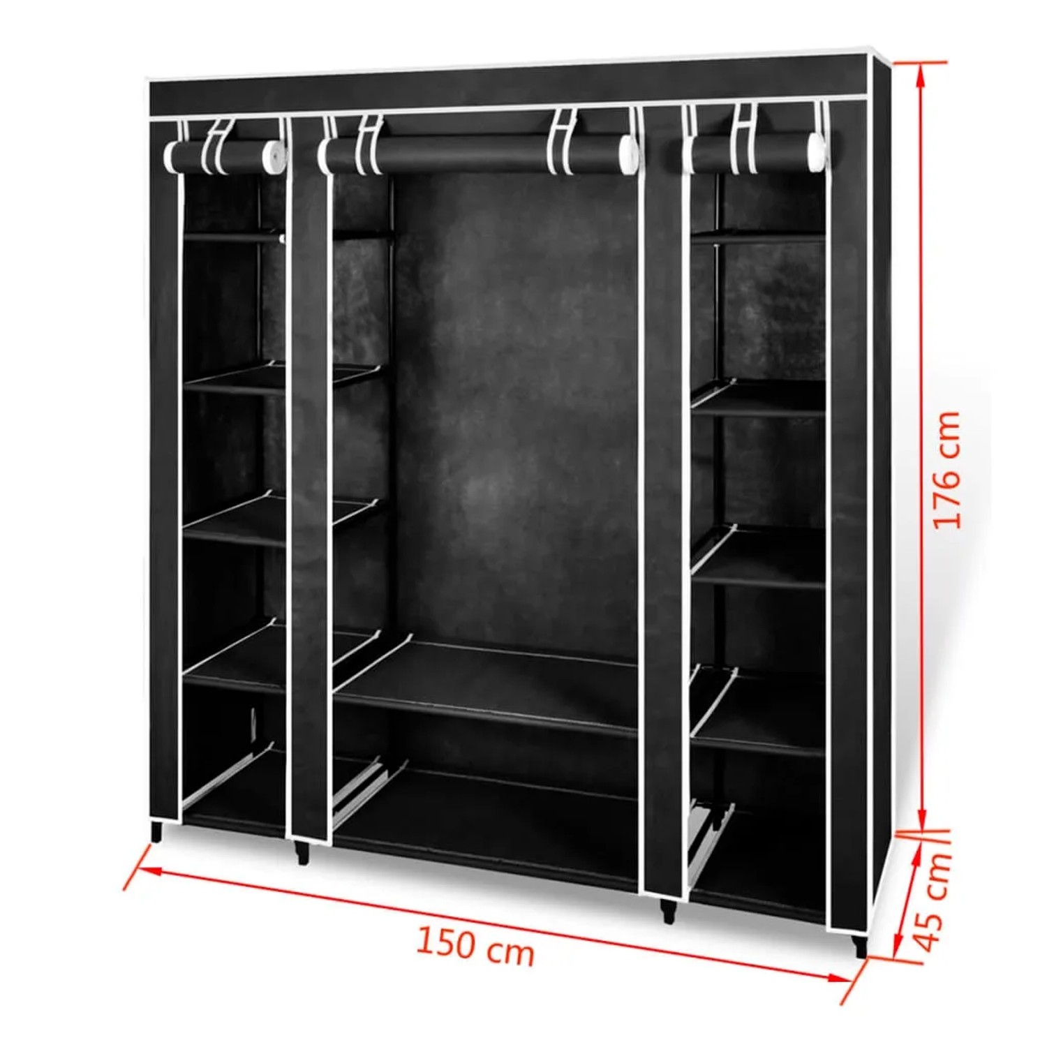 Schwarzer vidaXL Stoffschrank (45x150x176 cm) mit Fächern und Kleiderstangen.