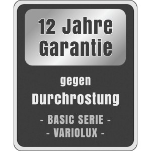 Schild mit 12 Jahre Garantie gegen Durchrostung für Stema Variolux Anhänger.
