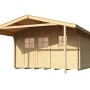 Unbehandeltes Weka Holz-Gartenhaus mit Satteldach und überdachter Veranda.