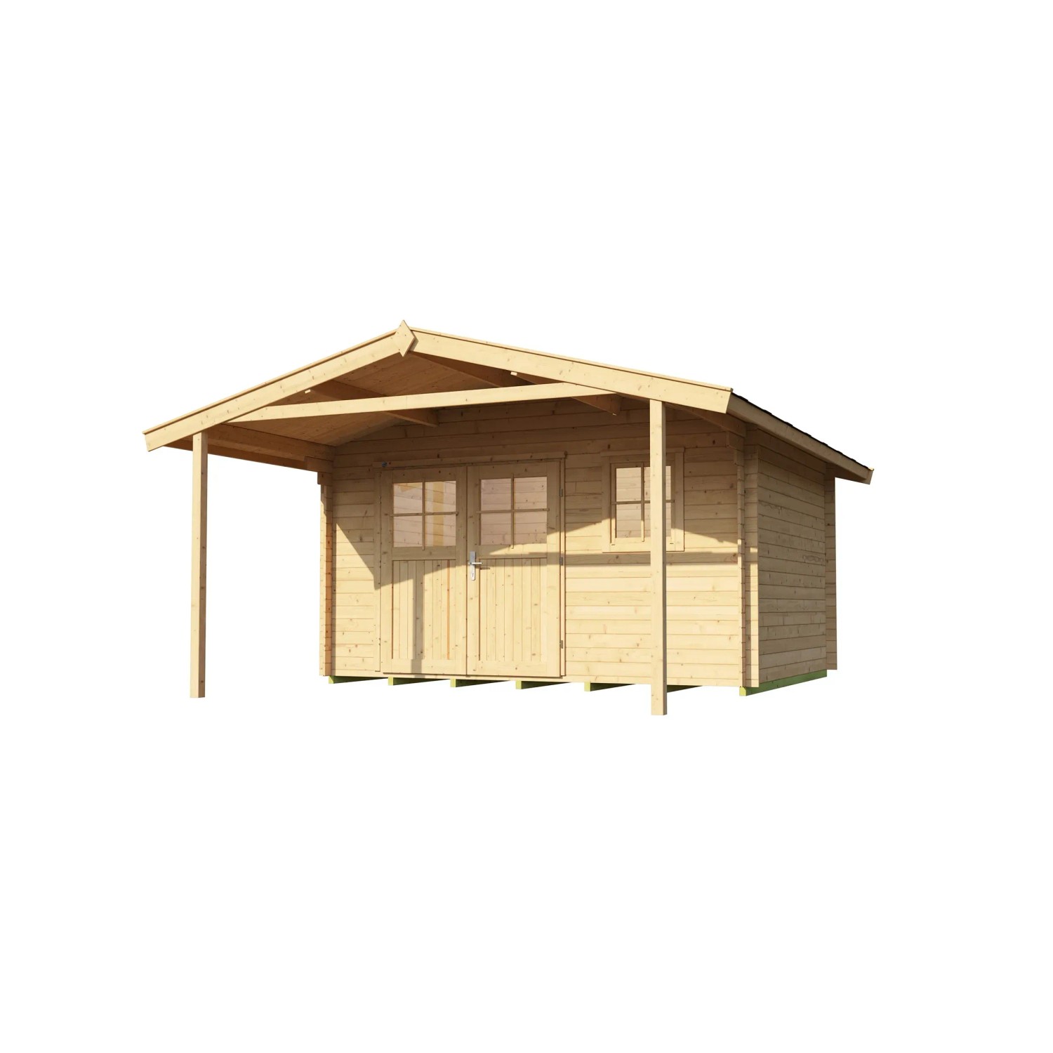 Unbehandeltes Weka Holz-Gartenhaus mit Satteldach und überdachter Veranda.