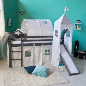 Homestyle4u Kinderhochbett 90x200 Grau mit Lattenrost Rutsche Turm 2782