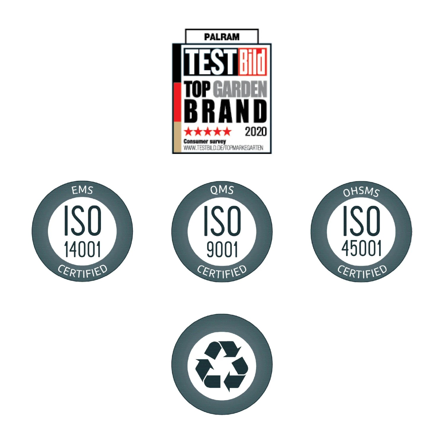 Zertifizierungen und Auszeichnungen für CANOPIA Gewächshäuser: ISO 14001, ISO 9001, ISO 45001, Top Garden Brand.