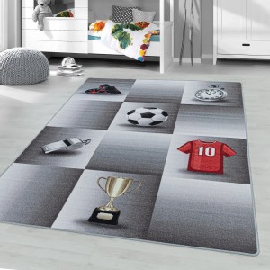 Ayyildiz Kinderteppich Play Grau mit Fußballmotiven, 140x200 cm.