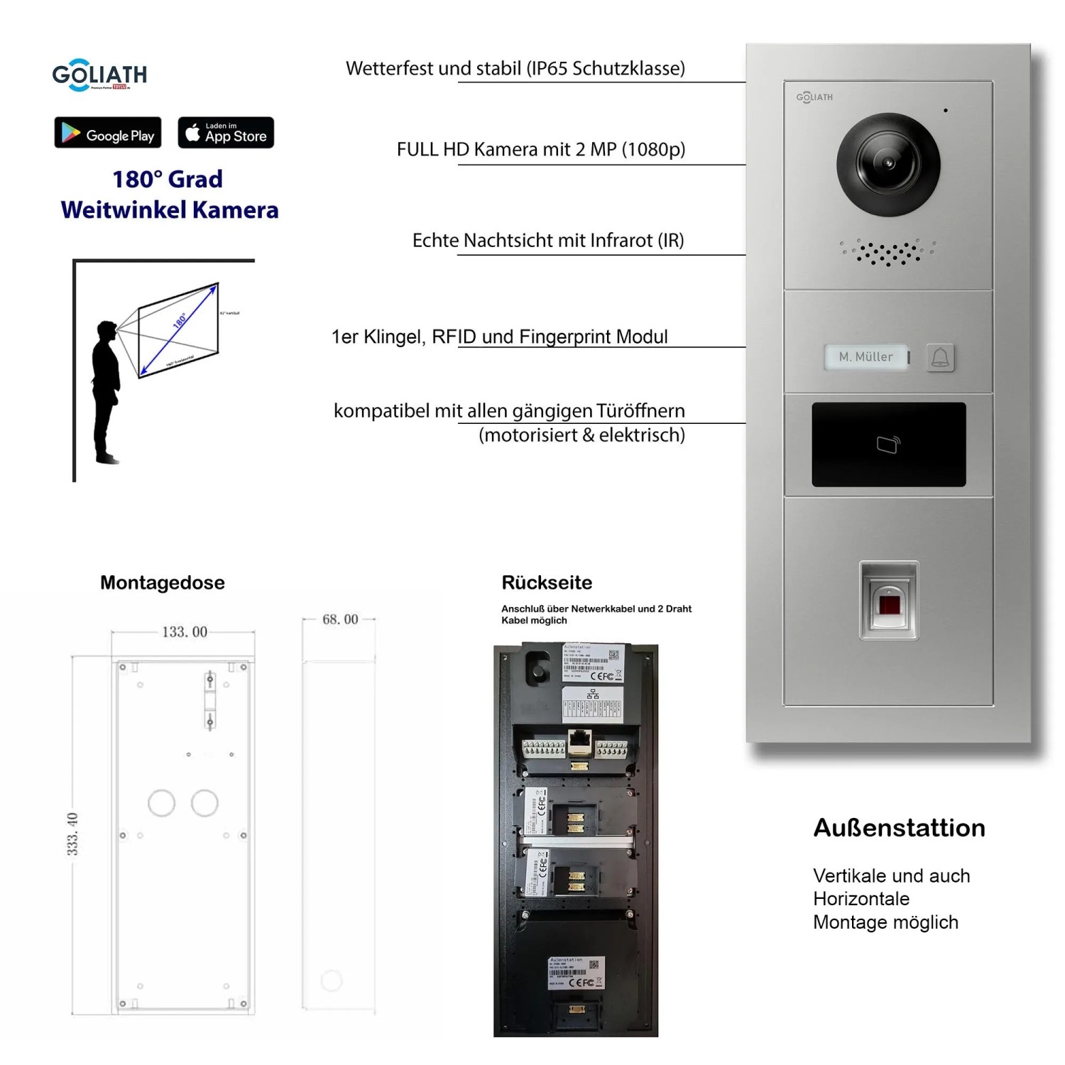 Goliath 2-Draht BUS IP Video Türsprechanlage mit Fingerprint, RFID, 7 Zoll in Silber/Weiß.