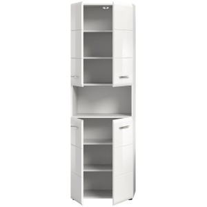 Weißer Bad Hochschrank Ice, 60x185x30 cm, mit offenen Türen und Regalböden.