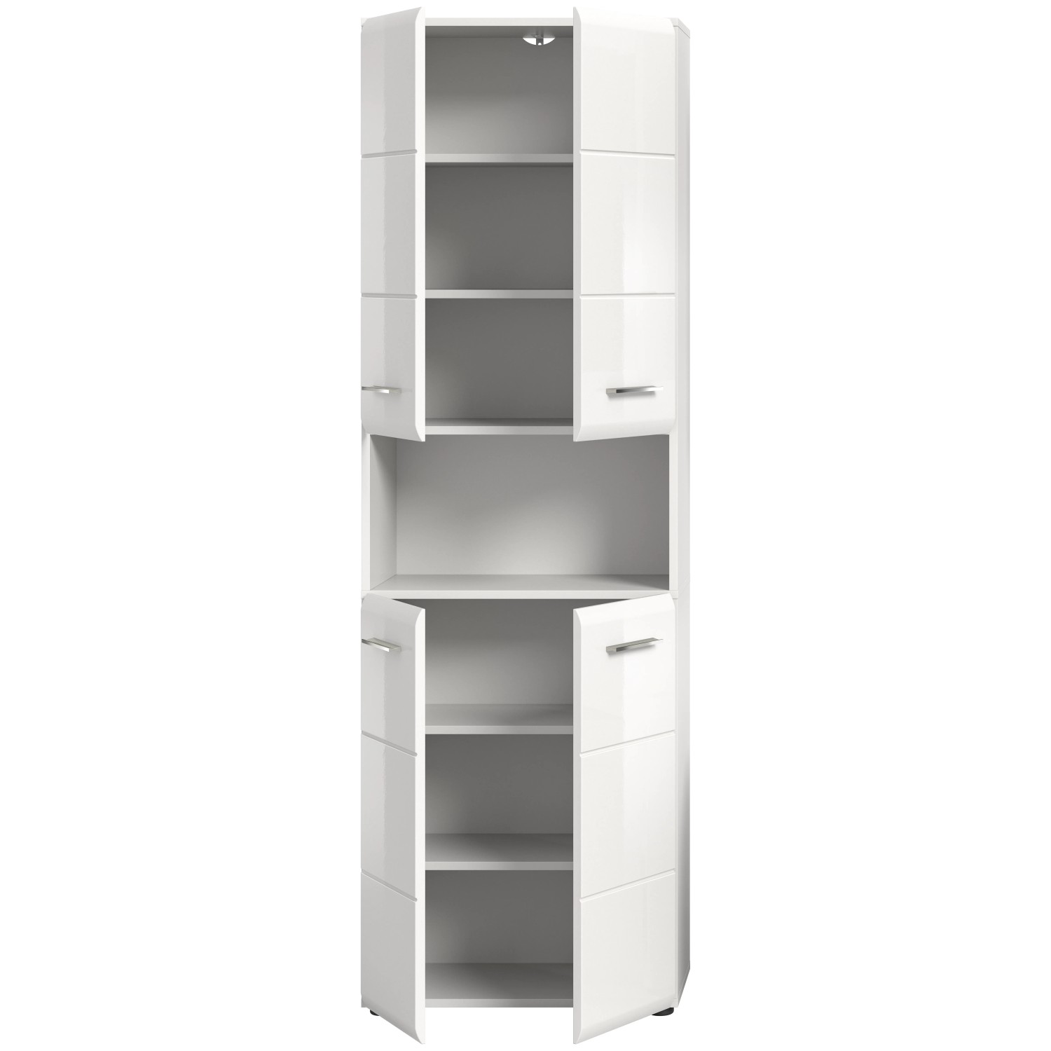 Weißer Bad Hochschrank Ice, 60x185x30 cm, mit offenen Türen und Regalböden.