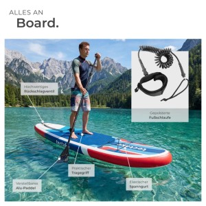 Aufblasbares Tectake Stand Up Paddle Board 2in1 in Rot/Blau mit Paddler auf einem Bergsee.