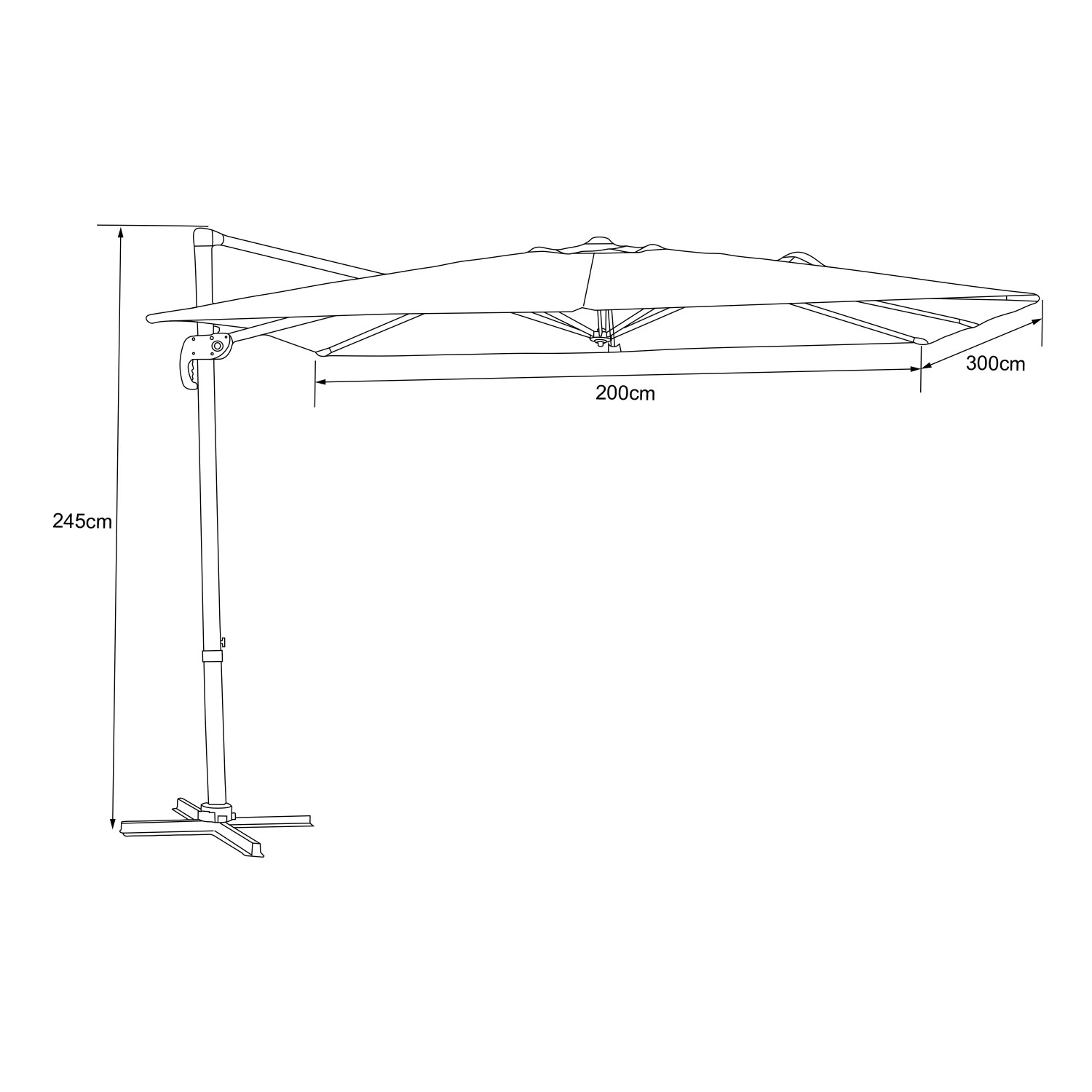 Skizze: Grauer AXI Ampelschirm, 300x200 cm, mit Maßangaben. Ideal als Sonnenschutz.
