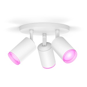 Weißer Philips Hue LED-Spot Fugato, 3-flammig, mit farbiger Ambiente-Beleuchtung.
