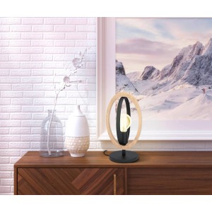 Moderne Eglo Tischleuchte Basildon in Schwarz-Braun mit Holzdesign. Design-Tischlampe für Wohnzimmer.