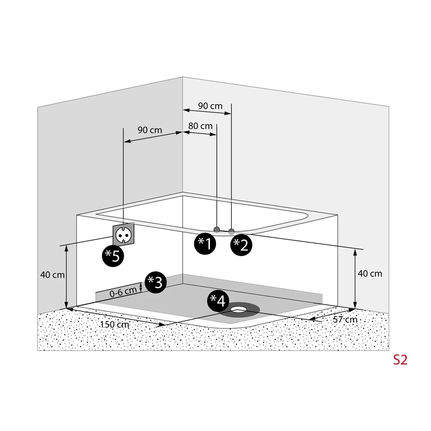 Skizze der AcquaVapore Eckbadewanne W23H-R 120x182 mit Maßangaben für Installation.