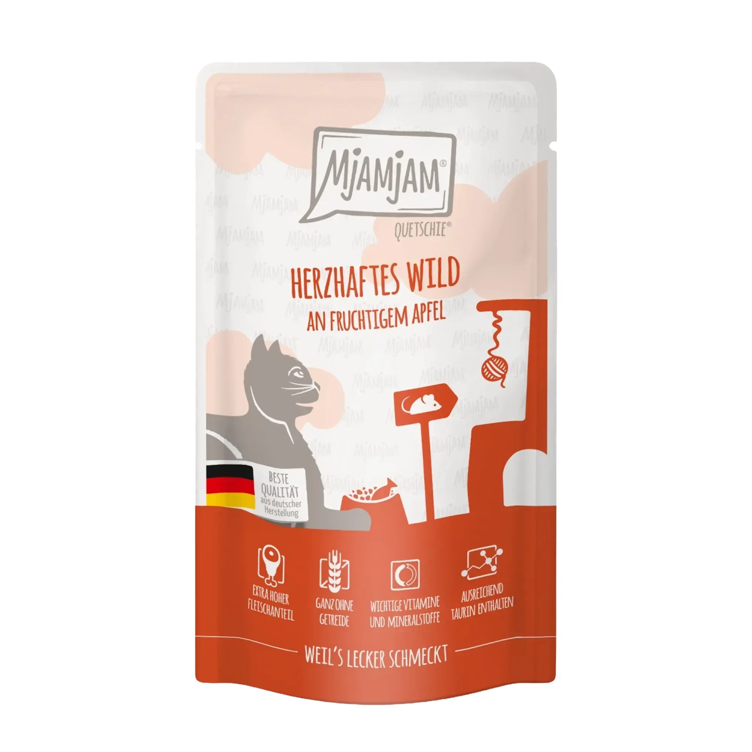 Mjamjam Katzen-Nassfutter Quetschie Wild mit Apfel, getreidefrei und mit hohem Fleischanteil.