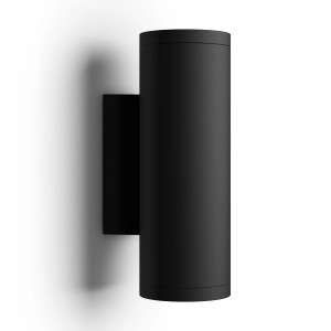 Schwarze Philips Hue Appear LED-Außenwandleuchte mit zylindrischem Design und Up & Down Lichteffekt.