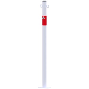 Weiß-roter Schake Absperrpfosten aus Stahlrohr mit Dübelbefestigung und 2 Ösen, Ø 42 mm.