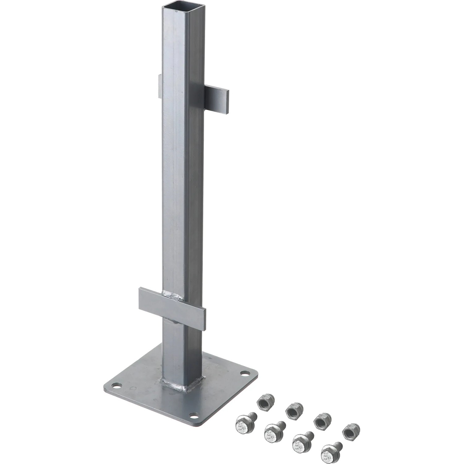 Silberner Pfostenanker 50,6 cm für Zaunbau, zum Einbetonieren, mit Schrauben.