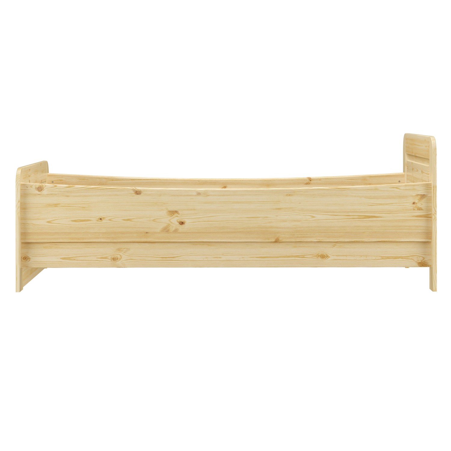 Seniorenbett aus Kiefer Massivholz, 100x200 cm, ohne Lattenrost. Hohes Bett für bequemes Aufstehen.