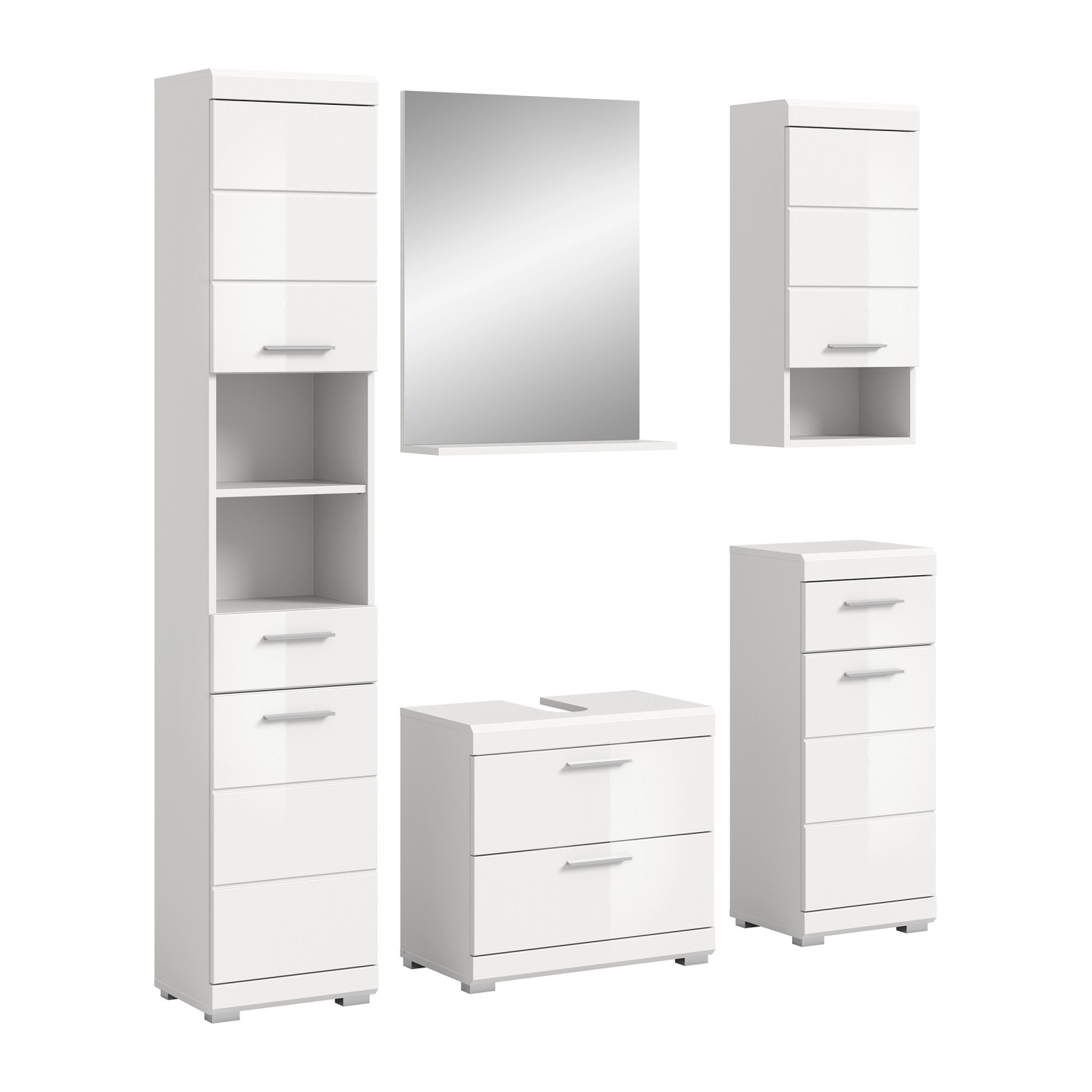 Badkombination 5-teilig mit Spiegel 164 x 191 x 34 cm Front Weiß Hochglanz günstig online kaufen