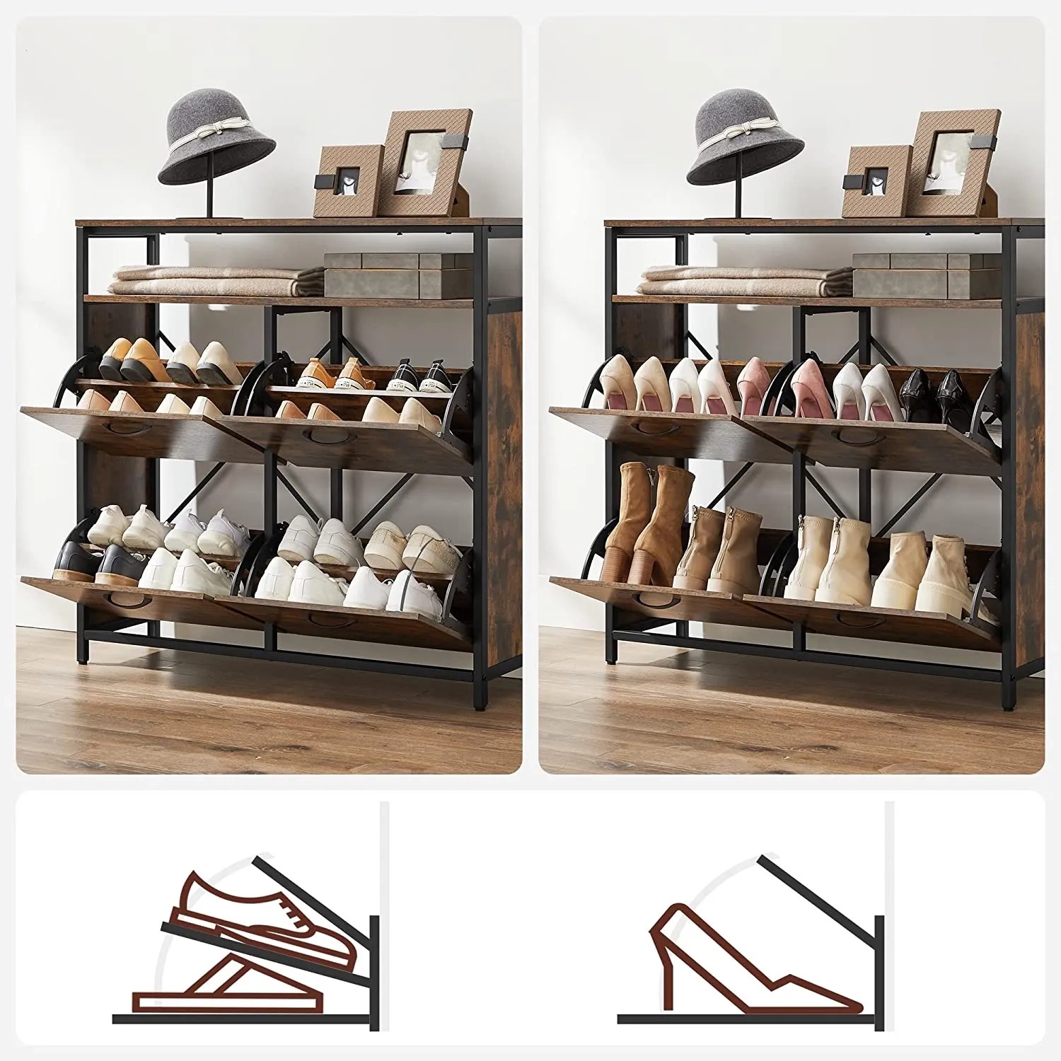 Vasagle Schuhschrank, braun-schwarz, mit 4 Fächern für ca. 12-20 Paar Schuhe.