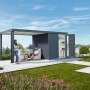 Modernes Biohort Gerätehaus Neo 2B dunkelgrau-metallic mit offener Tür, integrierter Pergola im Garten. Personen entspannen.