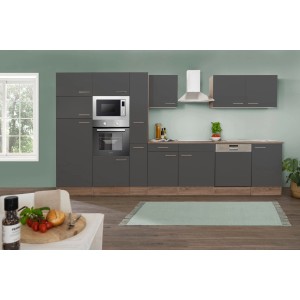 Moderne Respekta Küchenzeile in Grau Seidenglanz und Eiche York Optik mit Elektrogeräten.