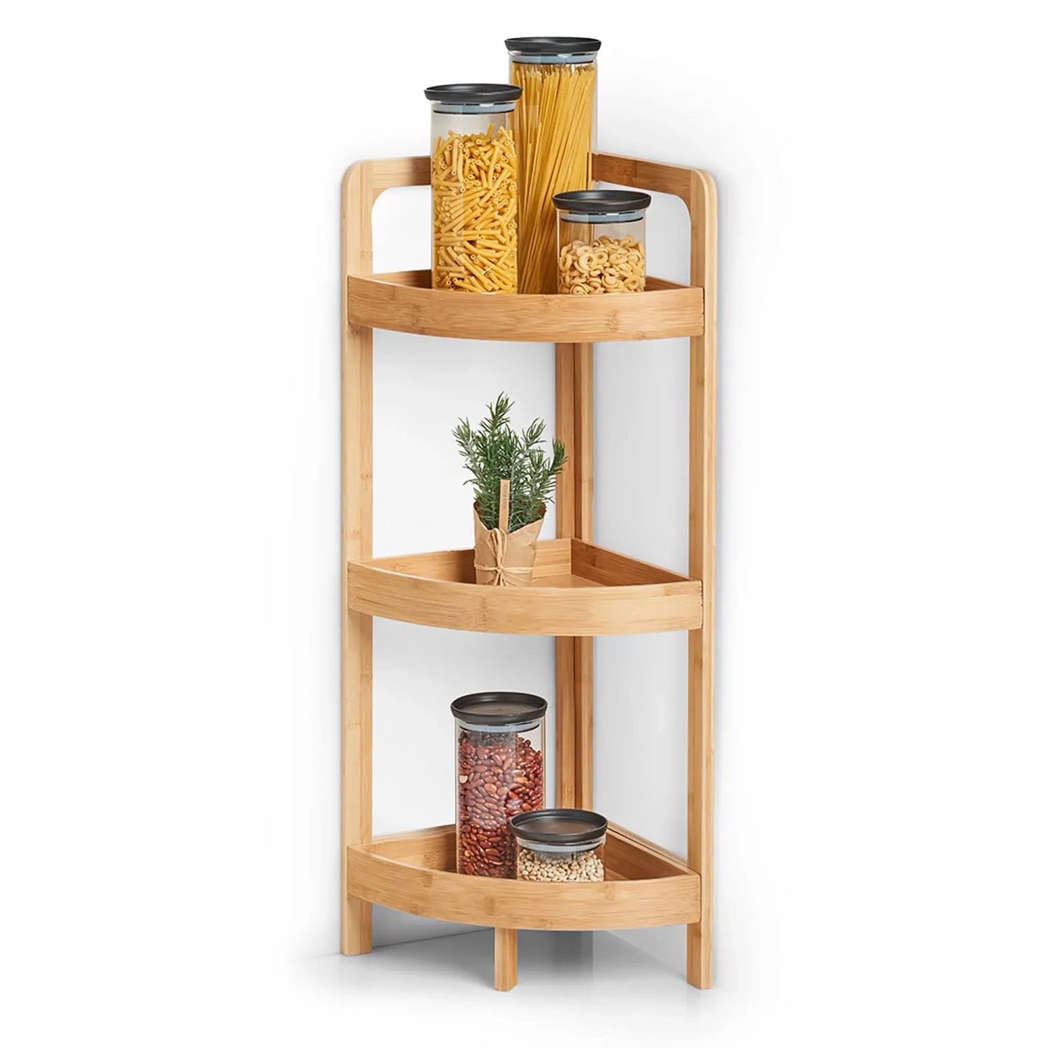 Eckregal aus Bambus mit drei Ablagen, ideal für Bad, Küche oder Büro. Naturfarbenes Design.
