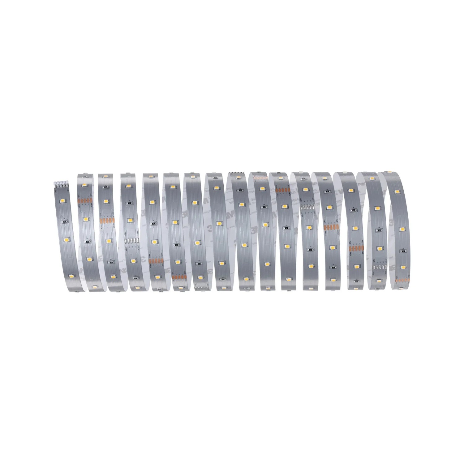 Aufgerollter Paulmann MaxLED 250 LED-Streifen, 5 m, warmweiß, silber.