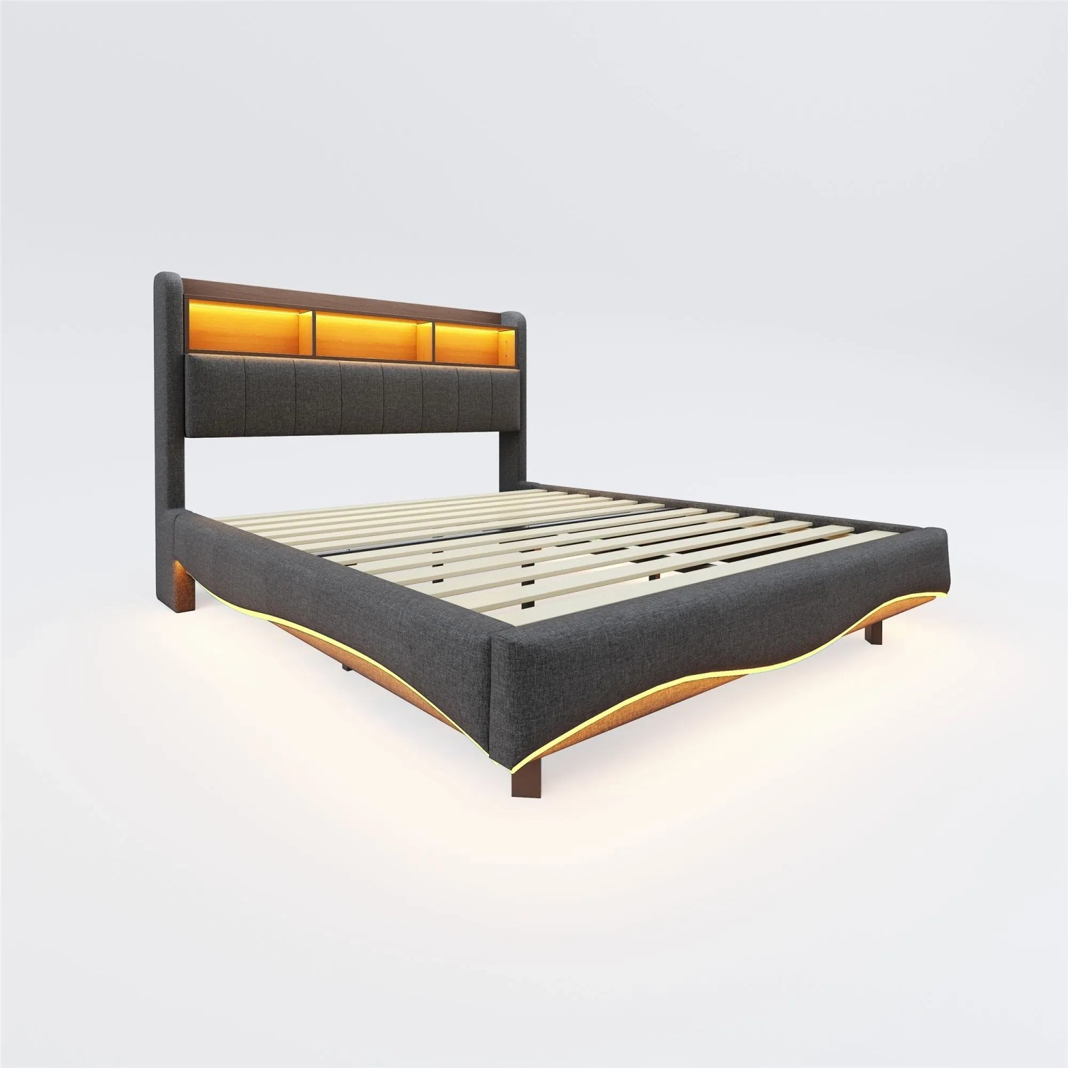 okwish Polsterbett 140x200cm mit LED USB Type C Stauraum Schlafzimmer Grau ohne Matratze