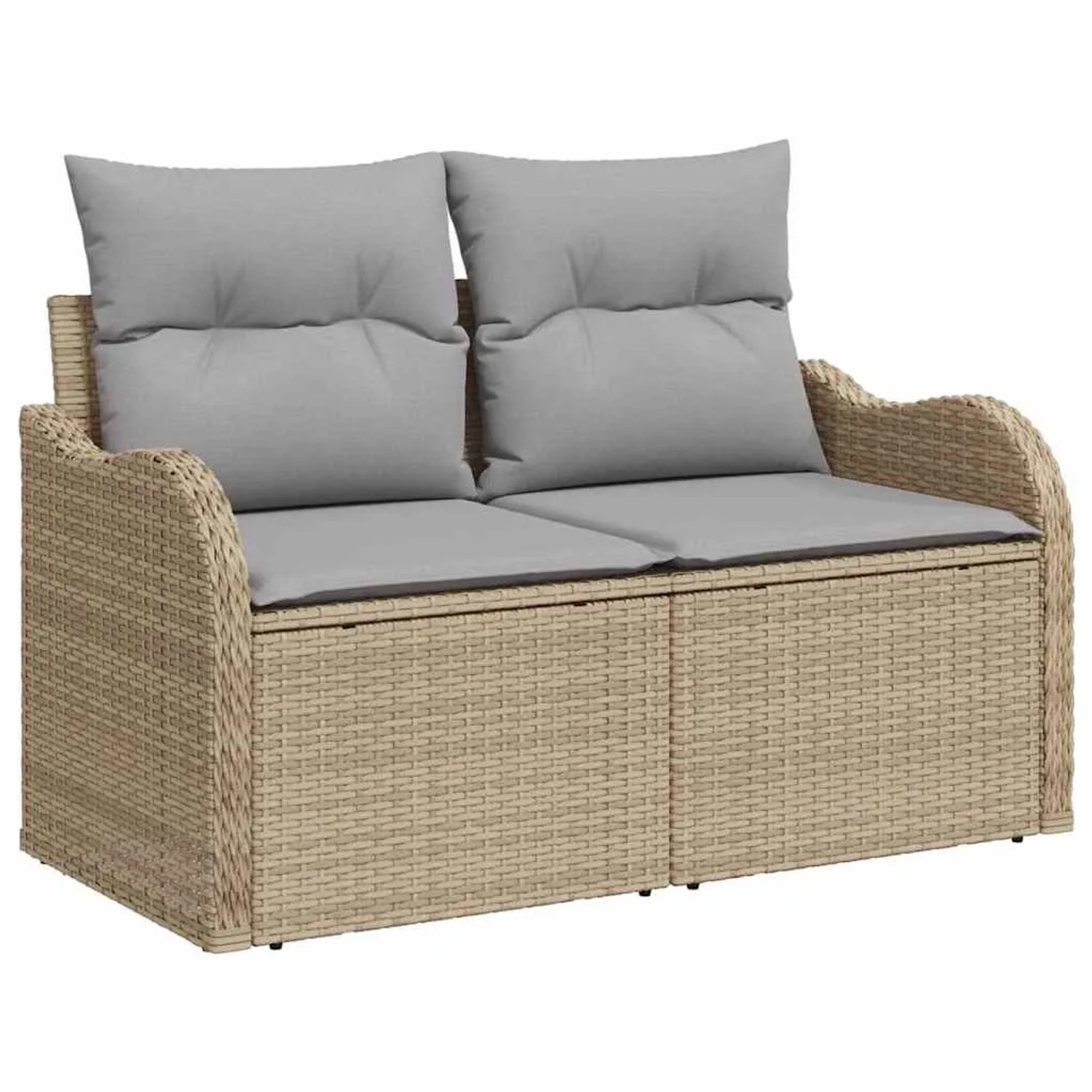 Beiges 9-teiliges vidaXL Garten-Sofa-Set aus Poly Rattan mit grauen Kissen.