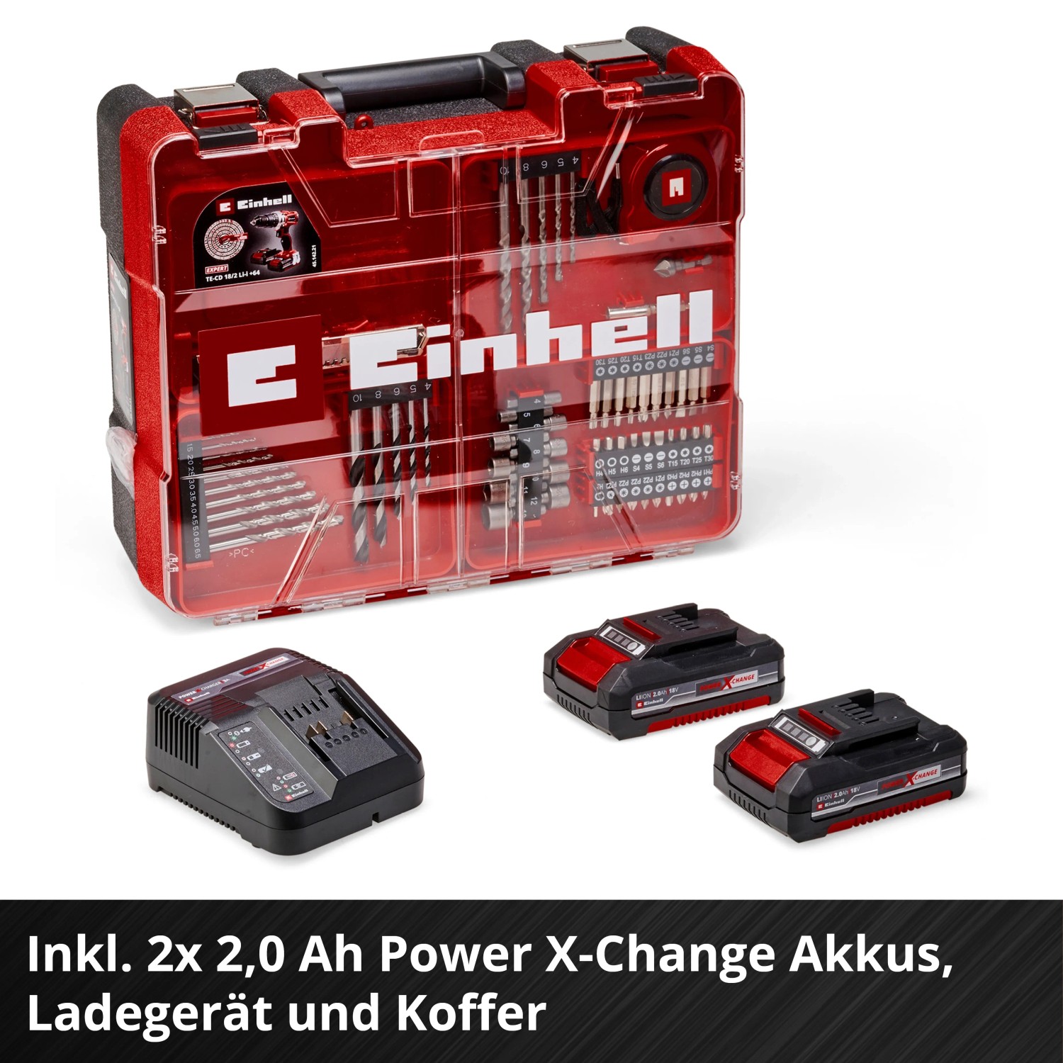Einhell Akku-Schlagbohrschrauber TE-CD 18 mit Akkus, Ladegerät und Koffer.