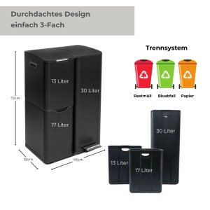 Schwarzer osoltus Petrona 3-Fach Mülleimer (13L, 17L, 30L) mit Fußpedal und herausnehmbaren Eimern für Mülltrennung.