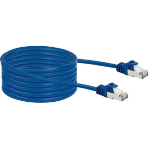 Blaues Schwaiger CAT8 Netzwerkkabel (S/FTP) 10 m, aufgerollt mit Metallsteckern.
