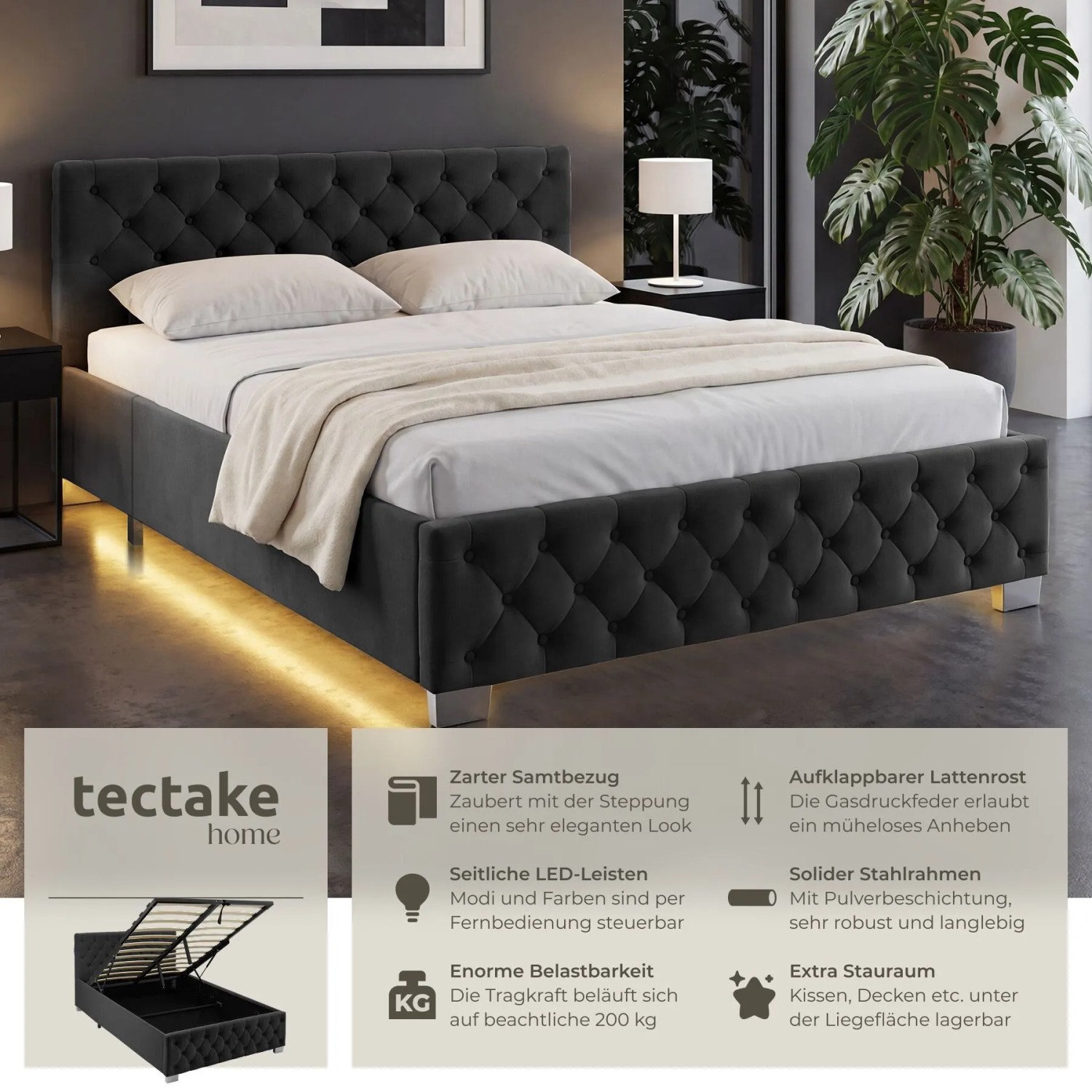 Tectake Polsterbett Sedona In Samtoptik Mit Steppmuster Indirekte Led Beleuchtung An Den Seiten 120 x 200 cm 215 x 129 x 83 cm Samtoptik Schwarz_2