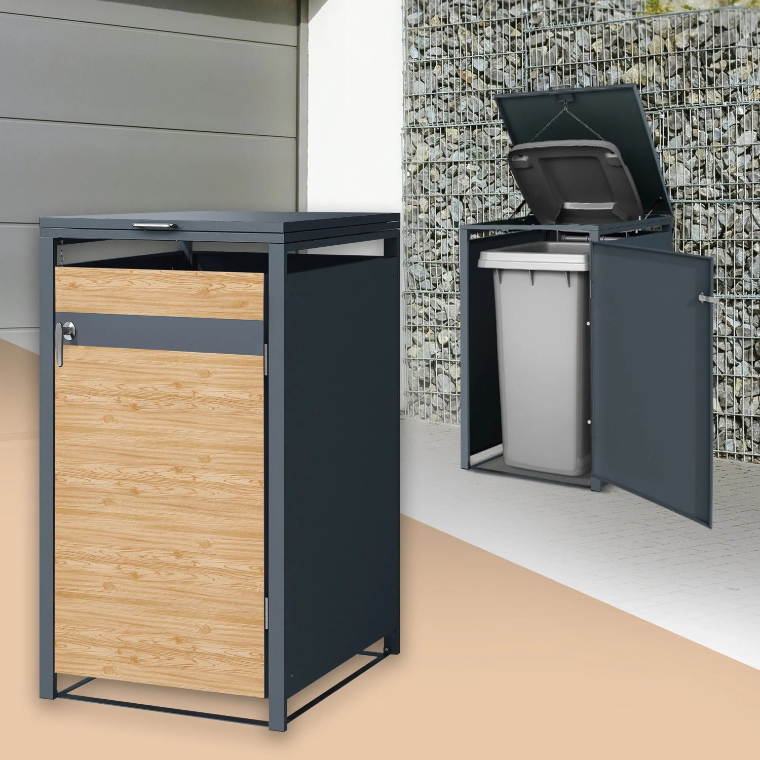 ML-Design Mülltonnenbox für 1 Tonne (240L) in Anthrazit-Lärchenoptik. Praktische Mülltonnenverkleidung.