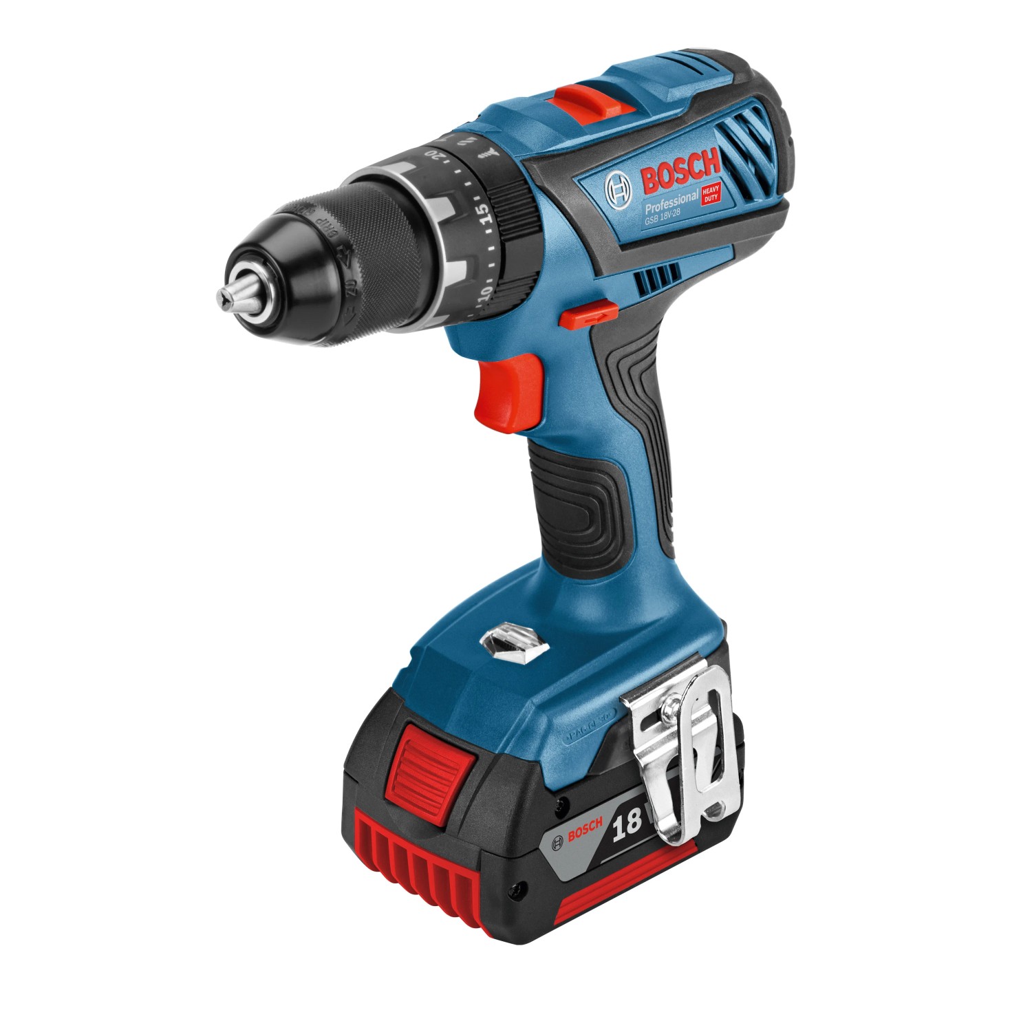 Bosch Professional Akku-Schlagbohrschrauber GSB 18 V-28 mit Akku-Starter-Set, blau/schwarz.