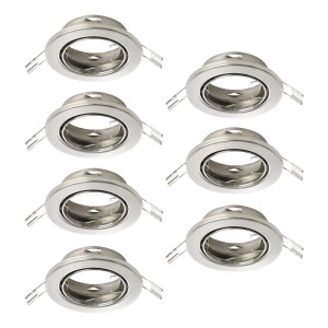 Sieben runde EGLO Einbaustrahler in Nickel-matt, Ø8,6cm. Set für GU10 Leuchtmittel, ideal für Deckenmontage.