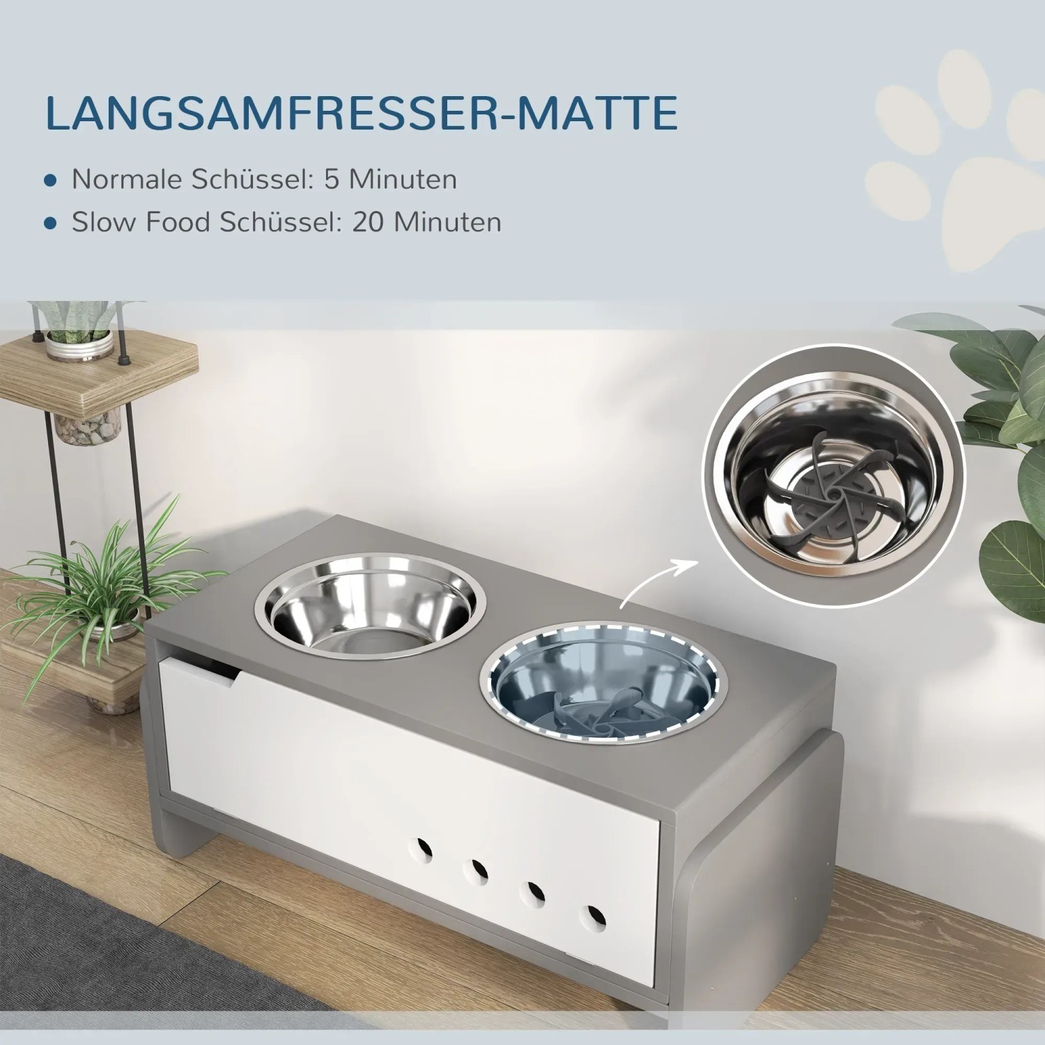 Höhenverstellbarer, grauer PawHut Hundenapf mit zwei Edelstahlnäpfen, einer davon mit Anti-Schling-Matte.