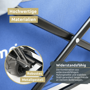 Detailaufnahme: Blauer deluxe4home Bollerwagen mit robustem Metallgestell und breiten Reifen.