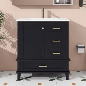 Schwarzer Badezimmerschrank mit Waschbecken, freistehend, mit Schubladen und Tür.