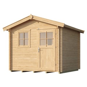 Weka Saunahaus Mikkeli Sparset mit Ofen (7,5 kW), naturbelassenes Holz mit Fenster und Tür.