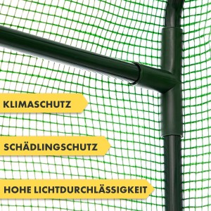 Detailaufnahme des grünen Stahlrahmens und der Gitterfolie des KARAT Gewächshauses Botanika.