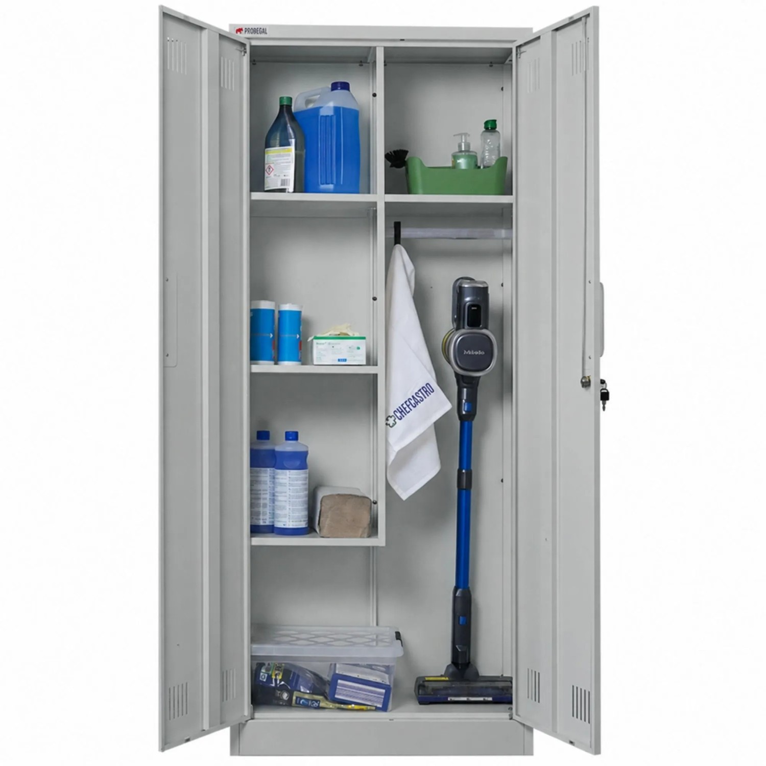 PROREGAL Flügeltürenschrank Rhino Mit 2 Türen Abschließbar 170x70x30cm 5 Fächern & Kleiderstange Stahl Pulverbeschichtet Lichtgrau Putzmittelschrank