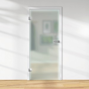 Satinierte Glasdrehtür, ESG Floatglas, DIN links, mit silberfarbenem Türgriff.