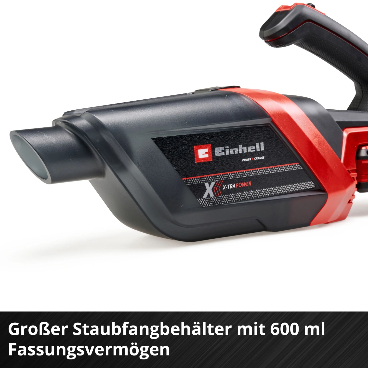 Einhell Power X-Change Akku-Handstaubsauger in Schwarz-Rot, Nahaufnahme des 600 ml Staubbehälters und der Düse.