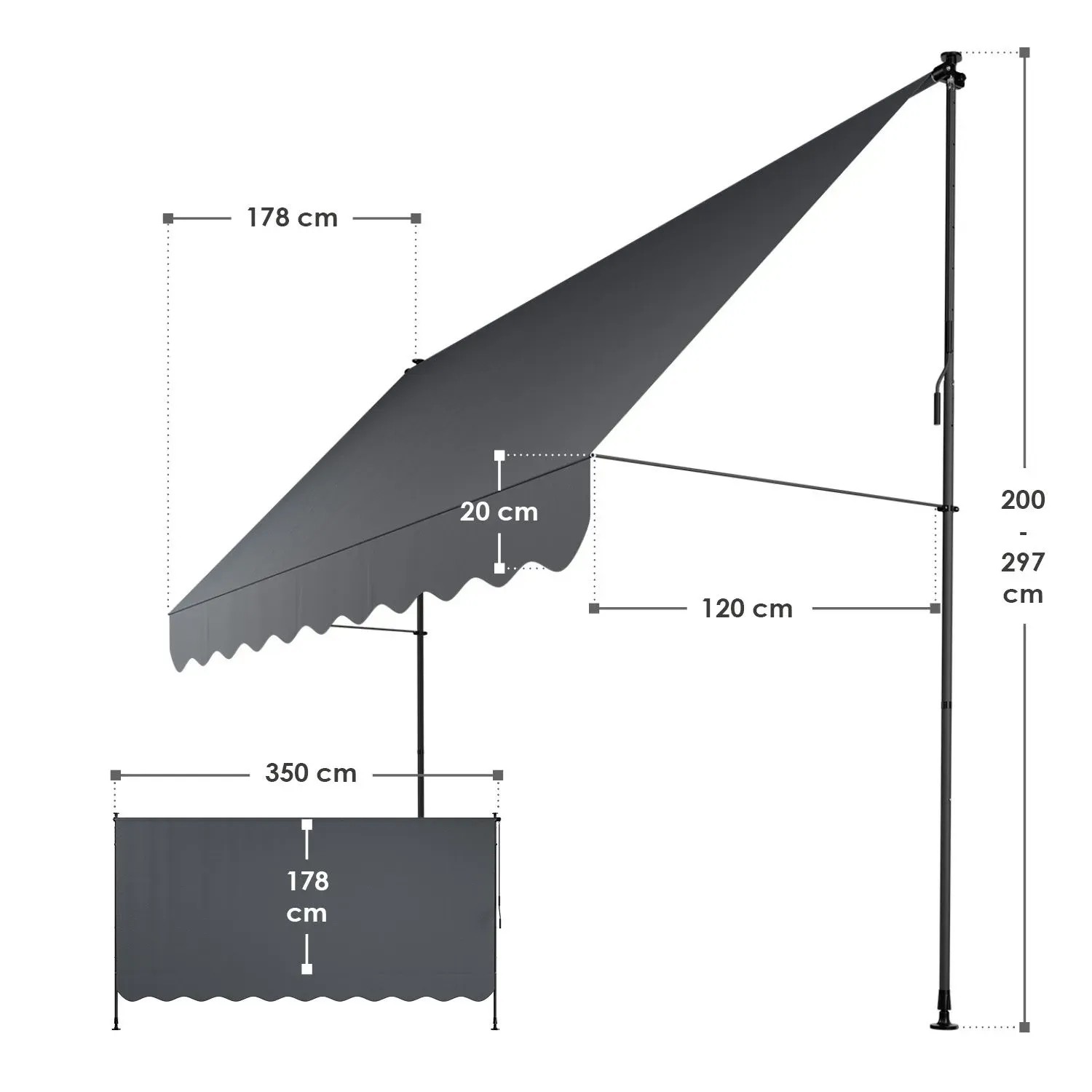 Graue Klemmmarkise Kapstadt 350x120 cm, flexible Balkon- und Terrassenbeschattung ohne Bohren.