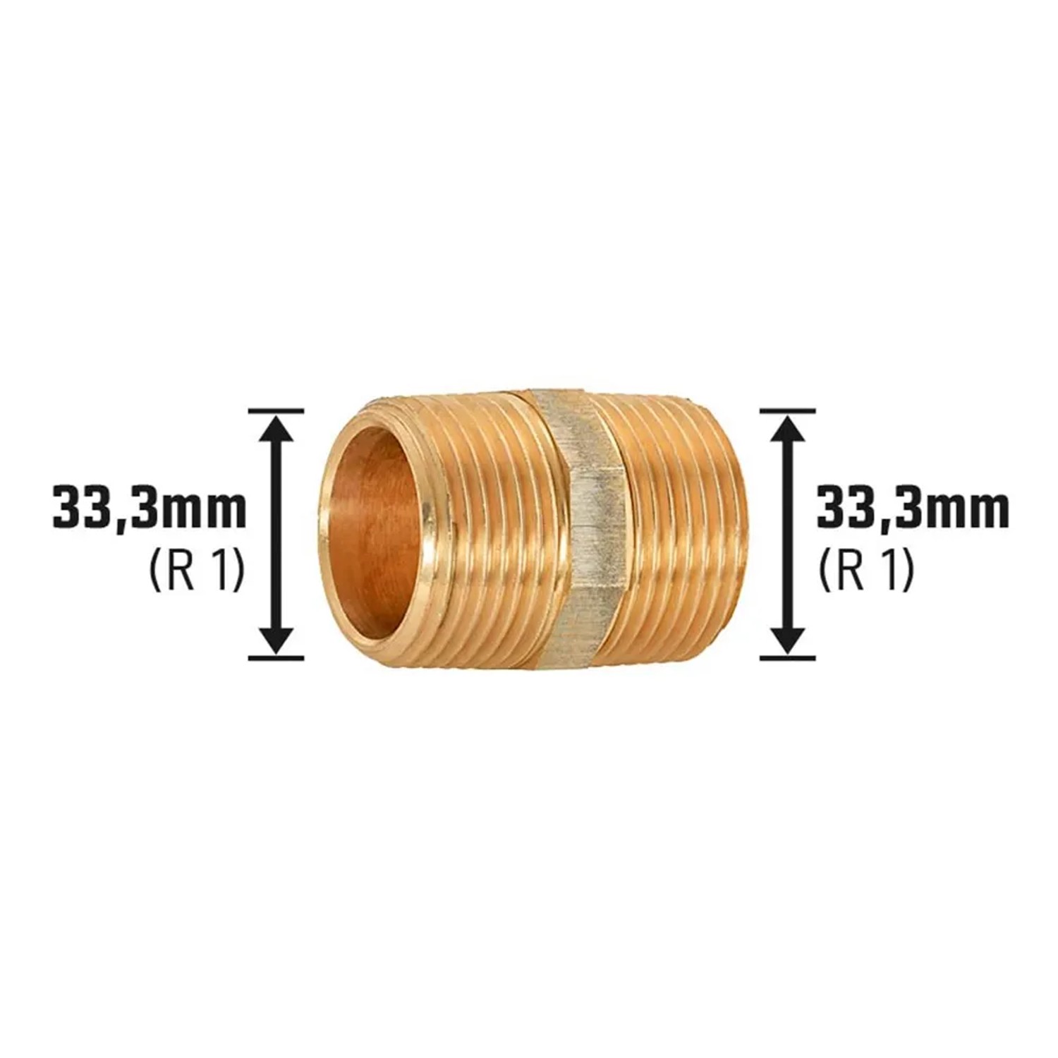 Gewinde-Doppelnippel aus Rotguss, 33,3 mm (R 1) für die Installation von Wasser- und Heizungsrohren.