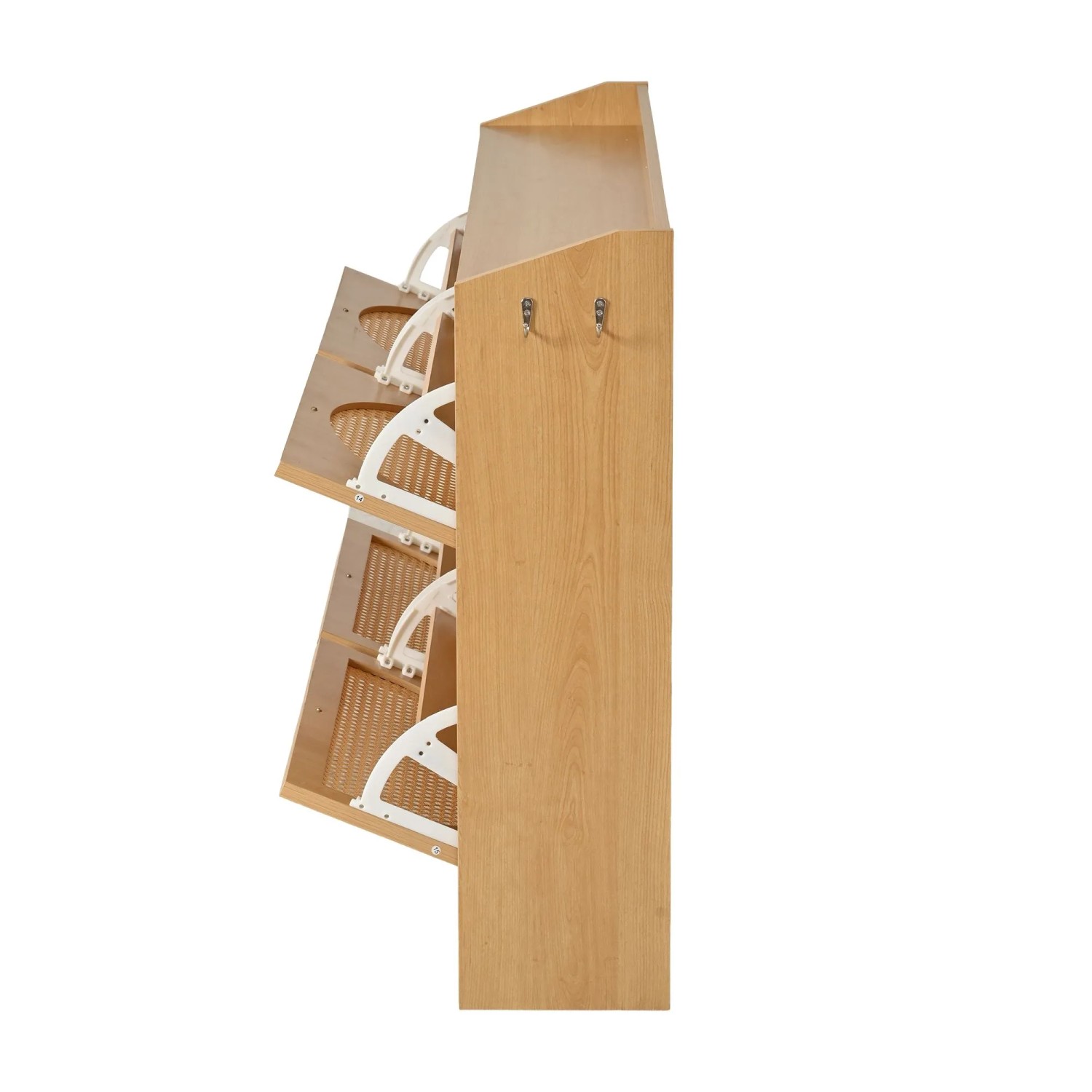 Schmaler Schuhschrank in Natur Holzoptik mit 4 offenen Klapptüren im Rattan-Stil und 2 Haken. Ideal für den Eingangsbereich.