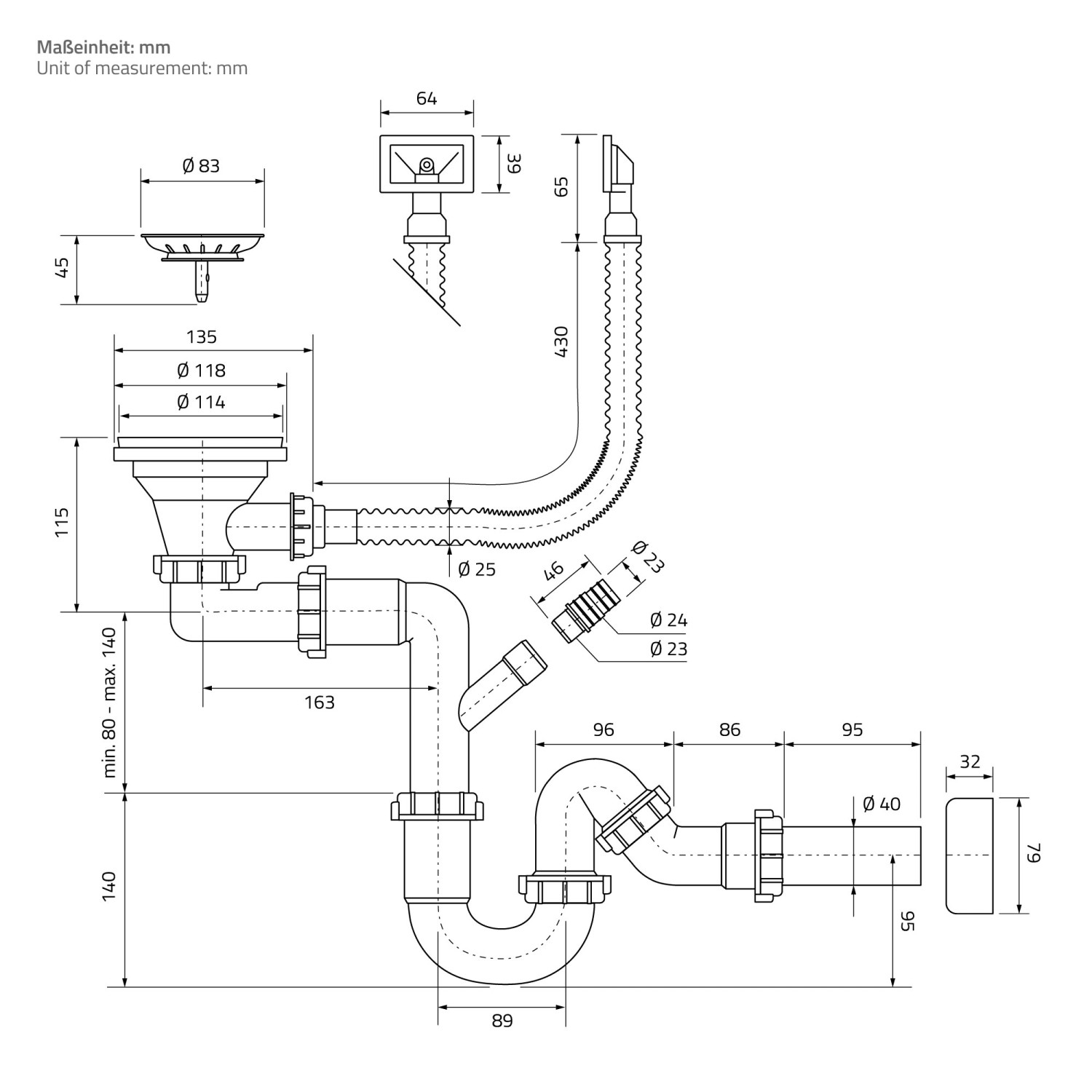 Technische Zeichnung: ML-Design Spülbecken Edelstahl 50x40 cm Anthrazit mit Siphon, Maße in mm.