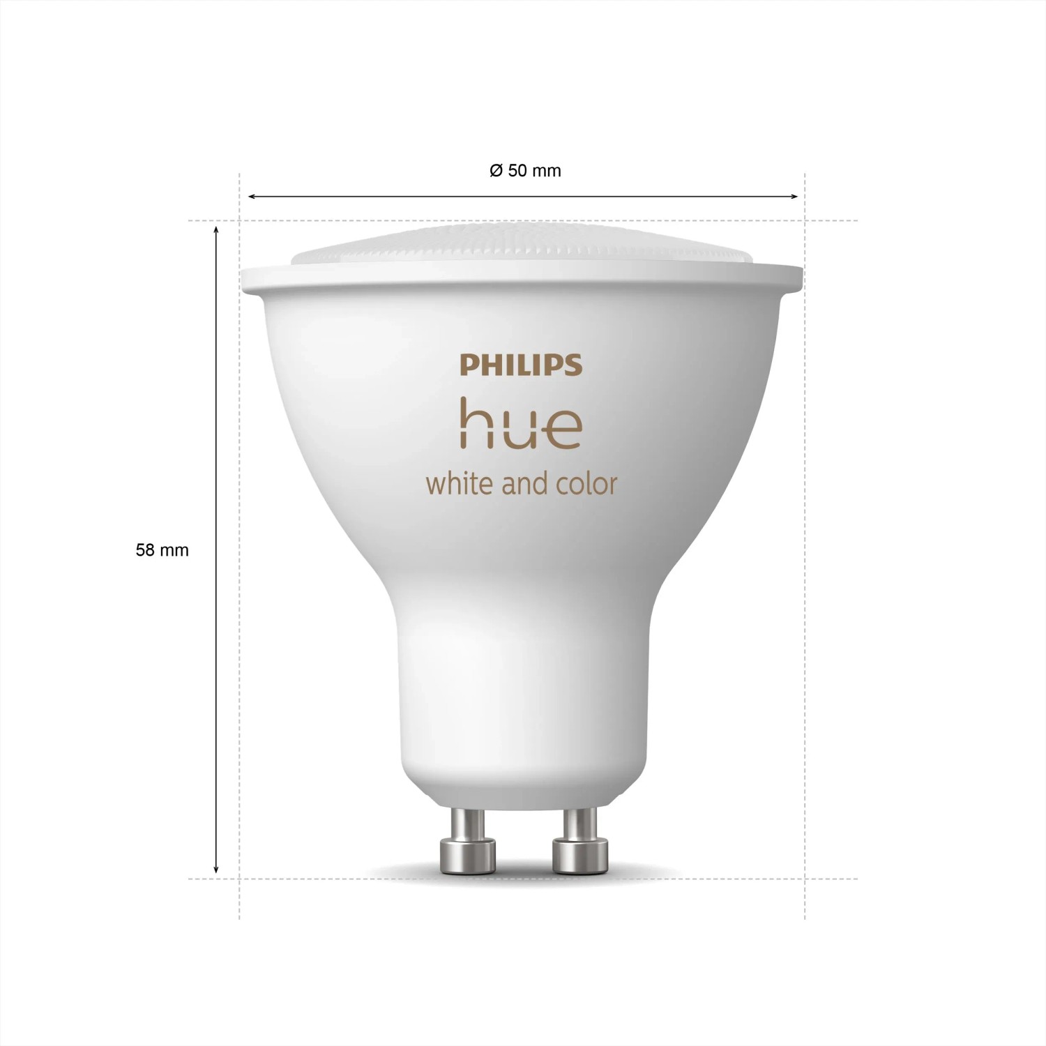 Philips Hue GU10 LED Lampe, Abmessungen: 50 mm Durchmesser, 58 mm Höhe.