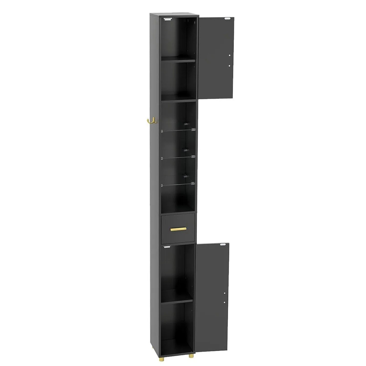 Costway Badschrank Hochschrank mit Beleuchtung & 3 Glasablagen Schwarz